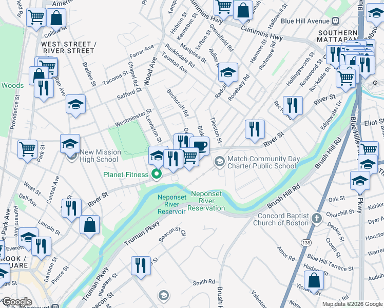 map of restaurants, bars, coffee shops, grocery stores, and more near 860 River Street in Boston