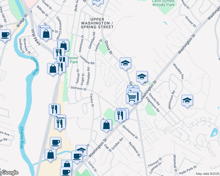 map of restaurants, bars, coffee shops, grocery stores, and more near 127 Stimson Street in Boston