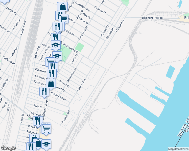 map of restaurants, bars, coffee shops, grocery stores, and more near 1-23 Ironton Avenue in River Rouge