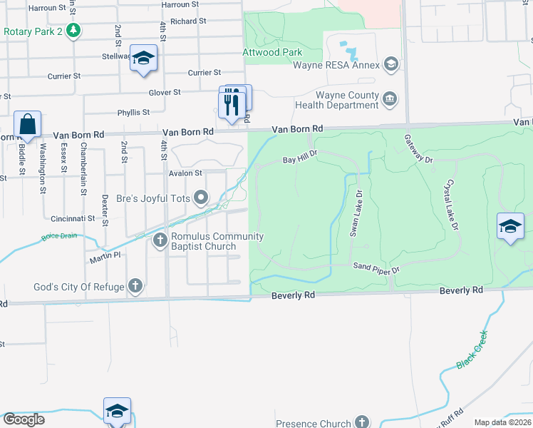 map of restaurants, bars, coffee shops, grocery stores, and more near 6167 Treetops Drive in Romulus