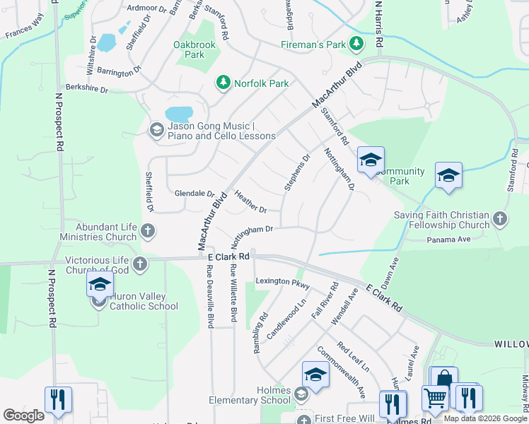 map of restaurants, bars, coffee shops, grocery stores, and more near 8745 Nottingham Drive in Superior Charter Township