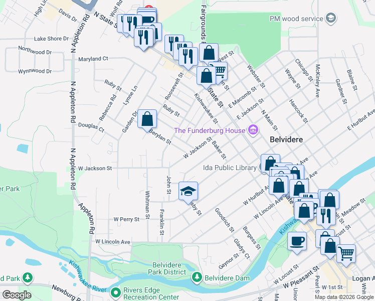 map of restaurants, bars, coffee shops, grocery stores, and more near 419 West Menomonie Street in Belvidere