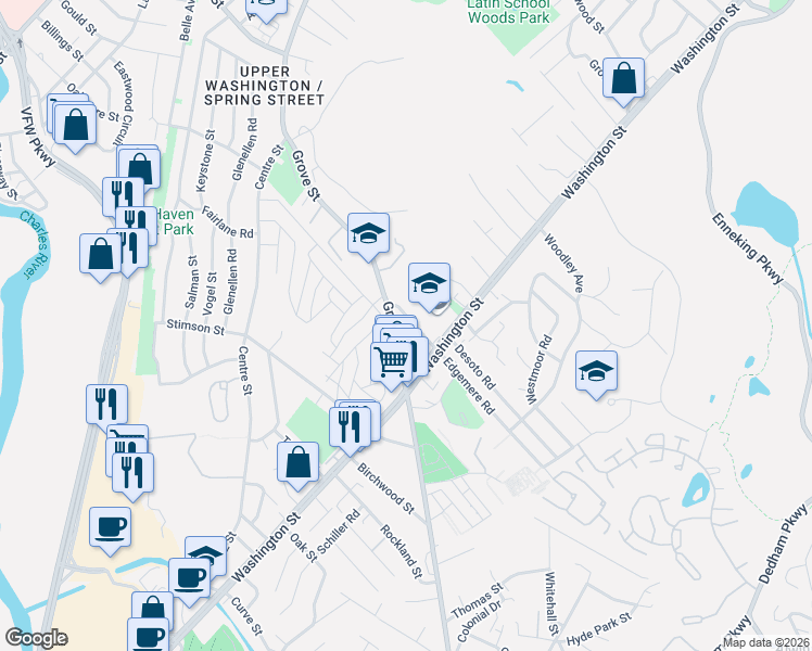 map of restaurants, bars, coffee shops, grocery stores, and more near 5165 Washington Street in Boston