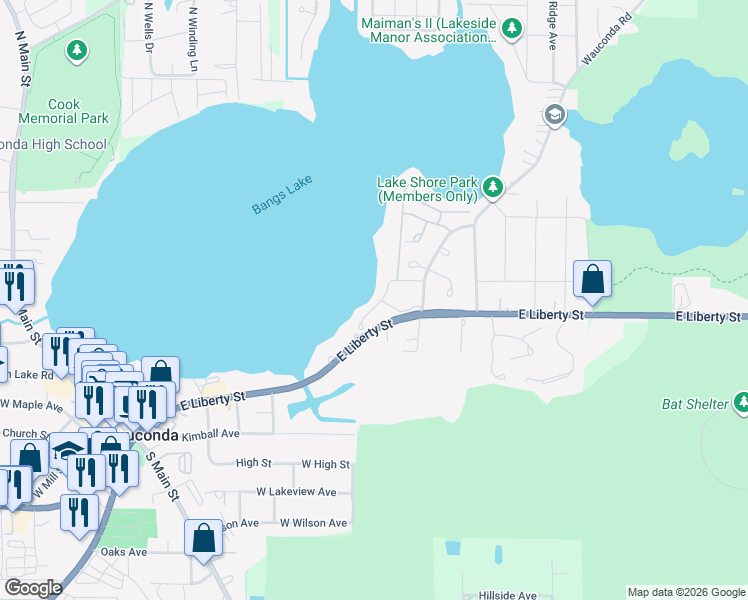 map of restaurants, bars, coffee shops, grocery stores, and more near 360 Promontory Lane in Wauconda
