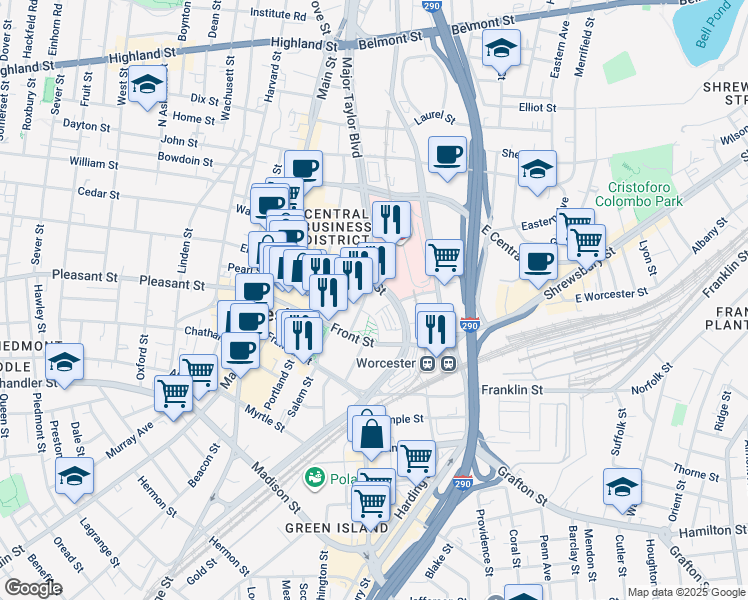 map of restaurants, bars, coffee shops, grocery stores, and more near 3 Eaton Place in Worcester