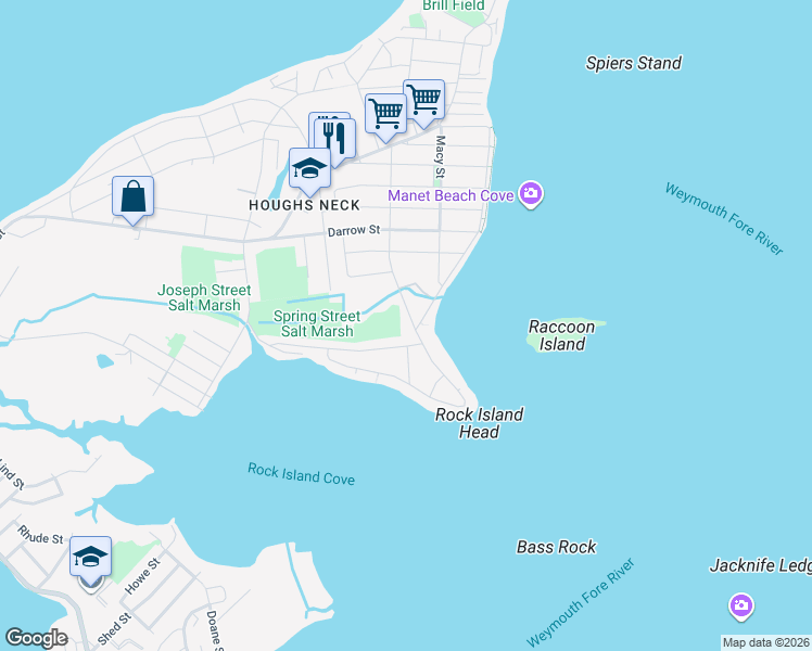 map of restaurants, bars, coffee shops, grocery stores, and more near 138 Spring Street in Quincy