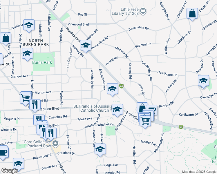 map of restaurants, bars, coffee shops, grocery stores, and more near 48104 Chesterfield Street in Ann Arbor
