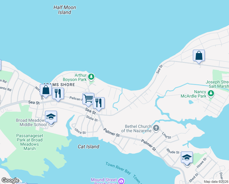 map of restaurants, bars, coffee shops, grocery stores, and more near 10 Post Island Road in Quincy
