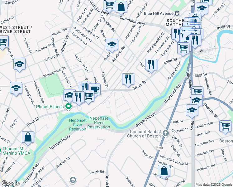 map of restaurants, bars, coffee shops, grocery stores, and more near 19 Oakcrest Road in Boston