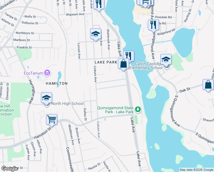 map of restaurants, bars, coffee shops, grocery stores, and more near 21 Ayrshire Road in Worcester
