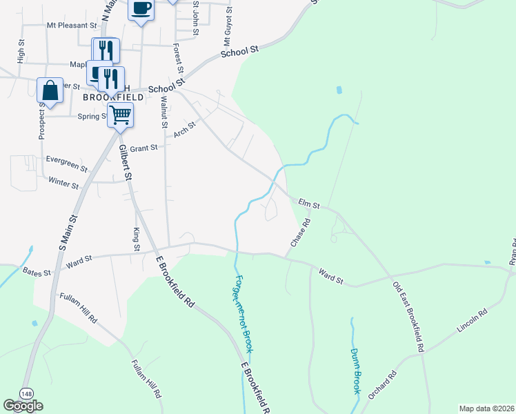 map of restaurants, bars, coffee shops, grocery stores, and more near 78 Elm Street in North Brookfield