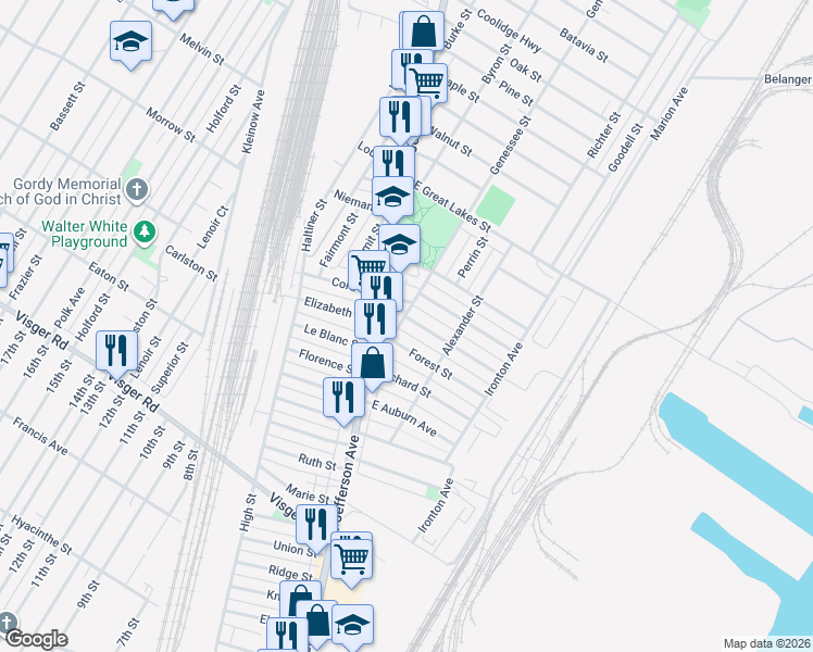 map of restaurants, bars, coffee shops, grocery stores, and more near 424 Genessee Street in River Rouge