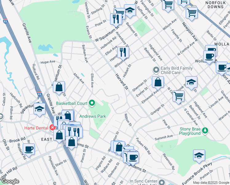 map of restaurants, bars, coffee shops, grocery stores, and more near 55 Elmwood Park in Quincy