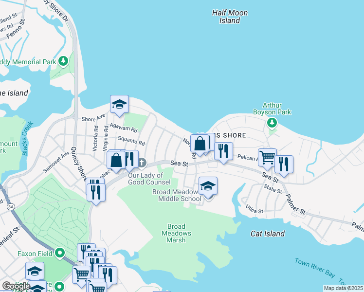 map of restaurants, bars, coffee shops, grocery stores, and more near 54 Norton Road in Quincy