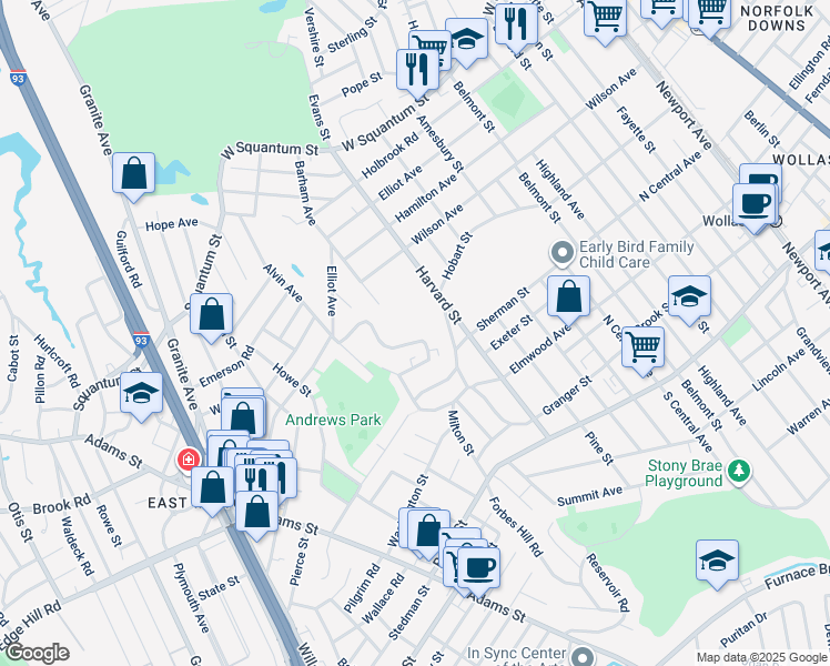 map of restaurants, bars, coffee shops, grocery stores, and more near 143 Harvard Street in Quincy