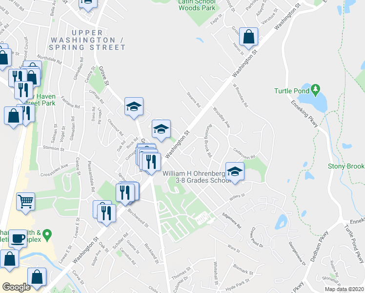 map of restaurants, bars, coffee shops, grocery stores, and more near 5096 Washington Street in Boston