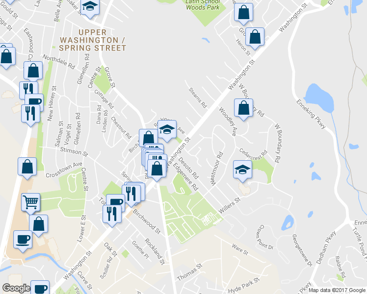 map of restaurants, bars, coffee shops, grocery stores, and more near 15 Ridgecrest Drive in Boston