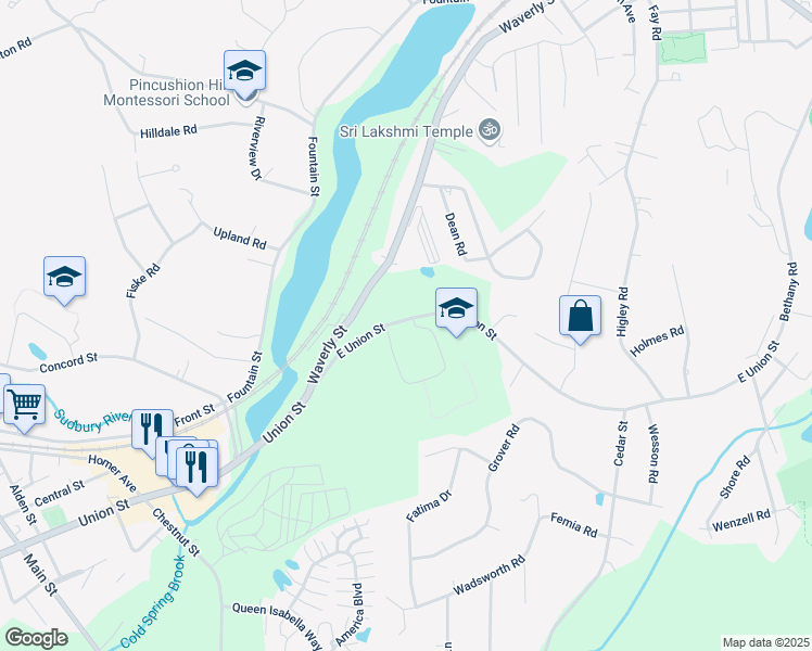 map of restaurants, bars, coffee shops, grocery stores, and more near 61 Waverly Street in Ashland