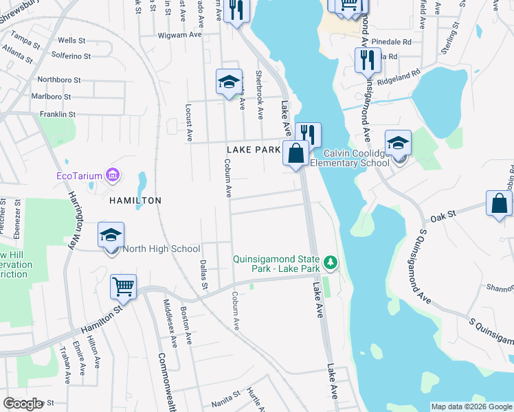 map of restaurants, bars, coffee shops, grocery stores, and more near 21 Ayrshire Road in Worcester