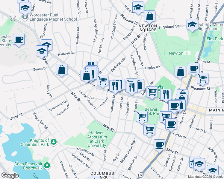 map of restaurants, bars, coffee shops, grocery stores, and more near 34 Carlisle Street in Worcester