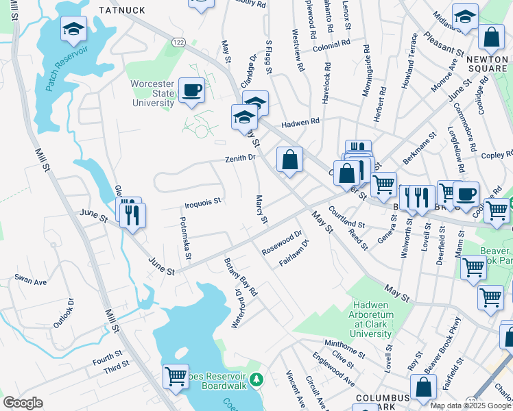 map of restaurants, bars, coffee shops, grocery stores, and more near 26 Marcy Street in Worcester