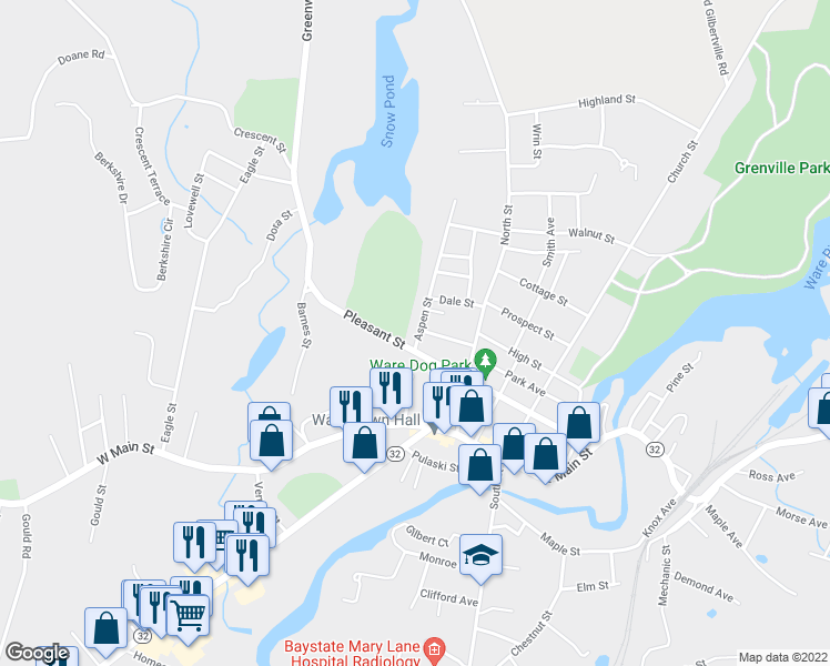 map of restaurants, bars, coffee shops, grocery stores, and more near 24 Aspen Street in Ware
