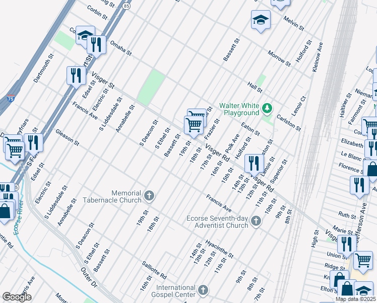 map of restaurants, bars, coffee shops, grocery stores, and more near 579 Visger Road in River Rouge