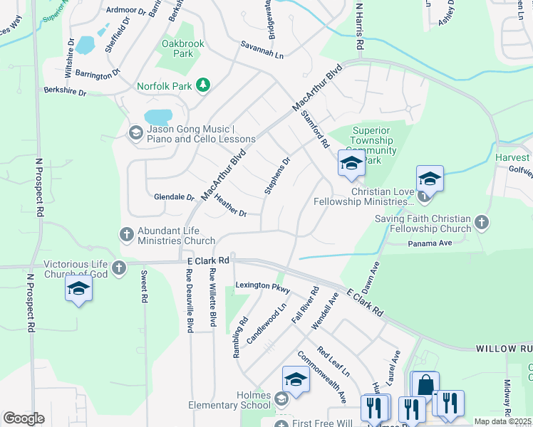 map of restaurants, bars, coffee shops, grocery stores, and more near 1630 Stephens Drive in Superior Charter Township