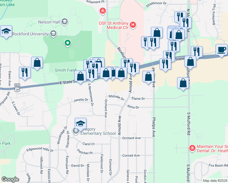 map of restaurants, bars, coffee shops, grocery stores, and more near 5439 East State Street in Rockford