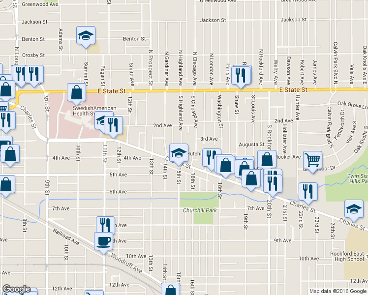 map of restaurants, bars, coffee shops, grocery stores, and more near 321 South Highland Avenue in Rockford