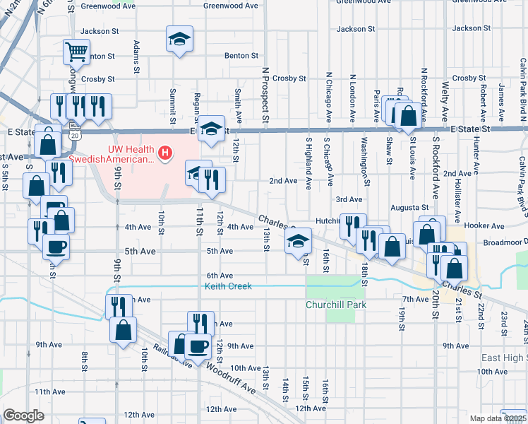 map of restaurants, bars, coffee shops, grocery stores, and more near 1619 2nd Avenue in Rockford