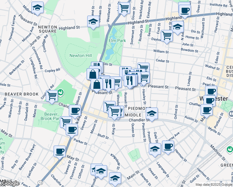 map of restaurants, bars, coffee shops, grocery stores, and more near 408 Pleasant Street in Worcester