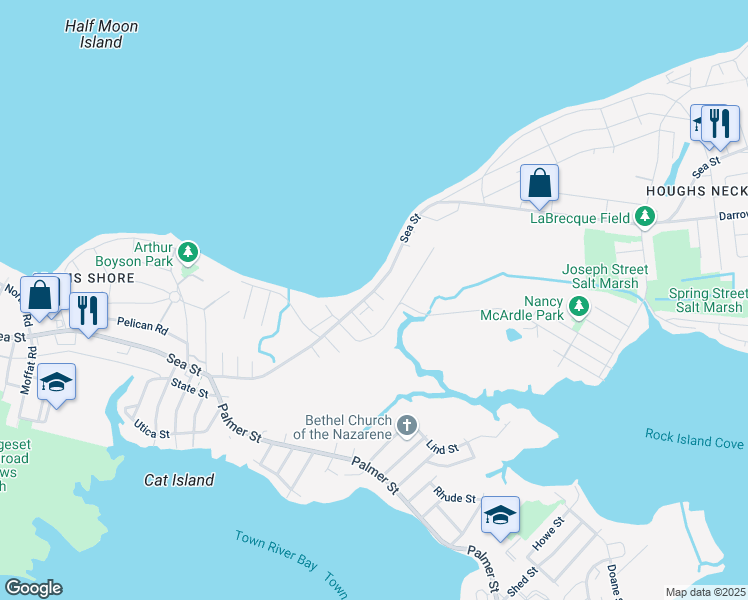 map of restaurants, bars, coffee shops, grocery stores, and more near 713 Sea Street in Quincy