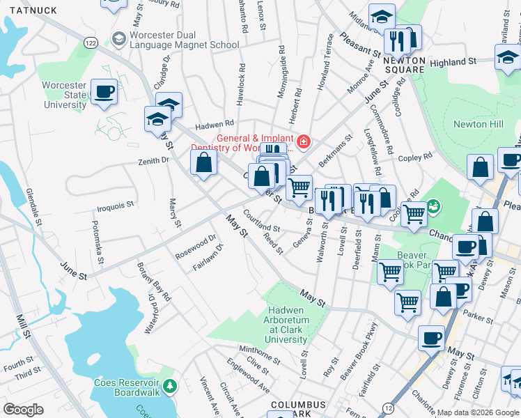 map of restaurants, bars, coffee shops, grocery stores, and more near in Worcester