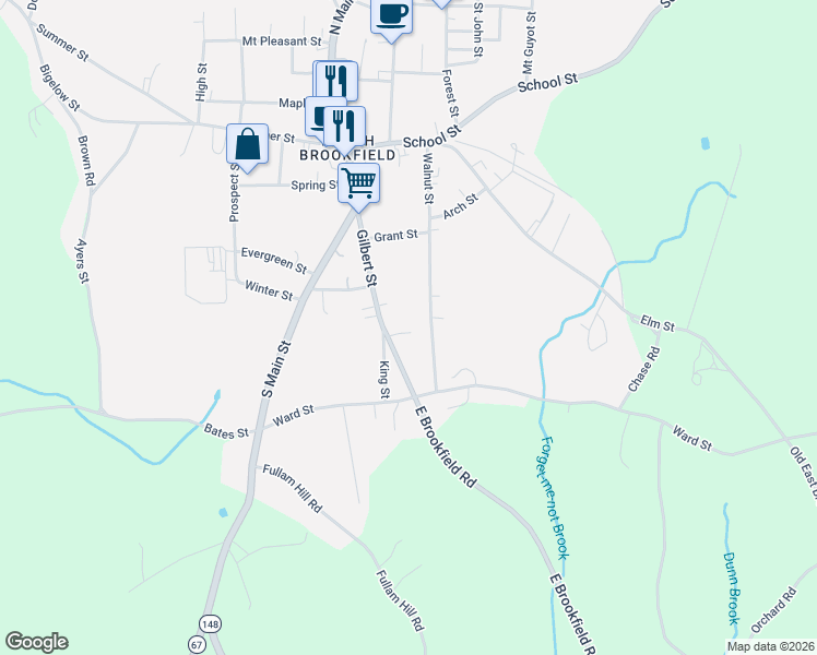 map of restaurants, bars, coffee shops, grocery stores, and more near 64 Walnut Street in North Brookfield