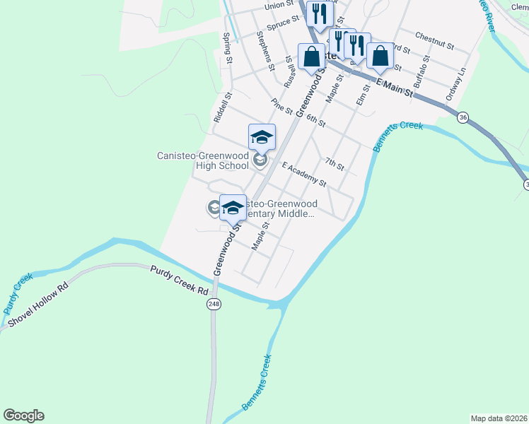 map of restaurants, bars, coffee shops, grocery stores, and more near 64 Maple Street in Canisteo