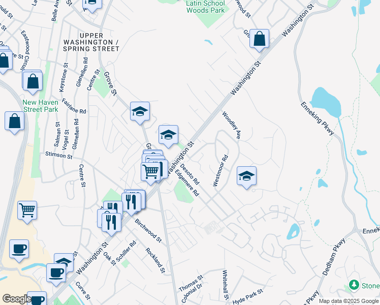 map of restaurants, bars, coffee shops, grocery stores, and more near 5096 Washington Street in Boston