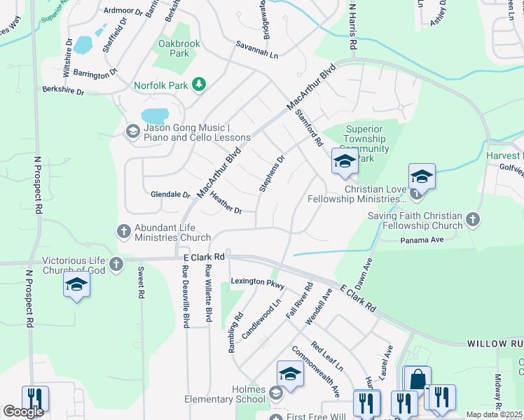 map of restaurants, bars, coffee shops, grocery stores, and more near 1630 Stephens Drive in Superior Charter Township