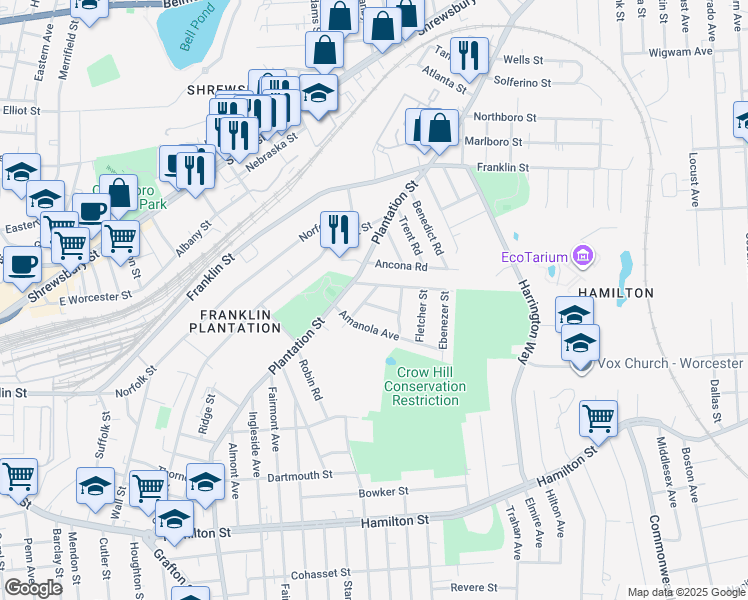 map of restaurants, bars, coffee shops, grocery stores, and more near 5 Rosemary Street in Worcester