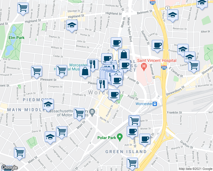 map of restaurants, bars, coffee shops, grocery stores, and more near 422 Main Street in Worcester