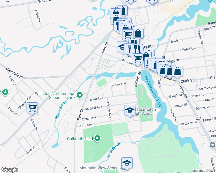 map of restaurants, bars, coffee shops, grocery stores, and more near 9-29 West Lake Street in Easthampton