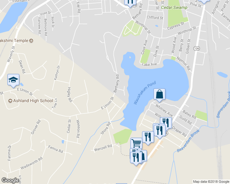 map of restaurants, bars, coffee shops, grocery stores, and more near 112 Bethany Road in Framingham