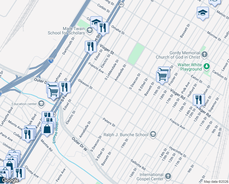 map of restaurants, bars, coffee shops, grocery stores, and more near 3118 South Beatrice Street in Detroit