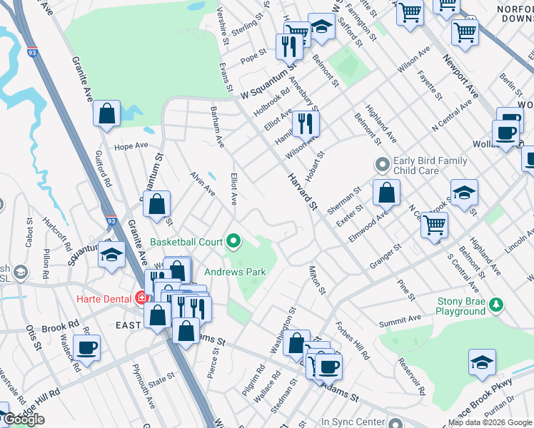 map of restaurants, bars, coffee shops, grocery stores, and more near 89 Elmwood Park in Quincy