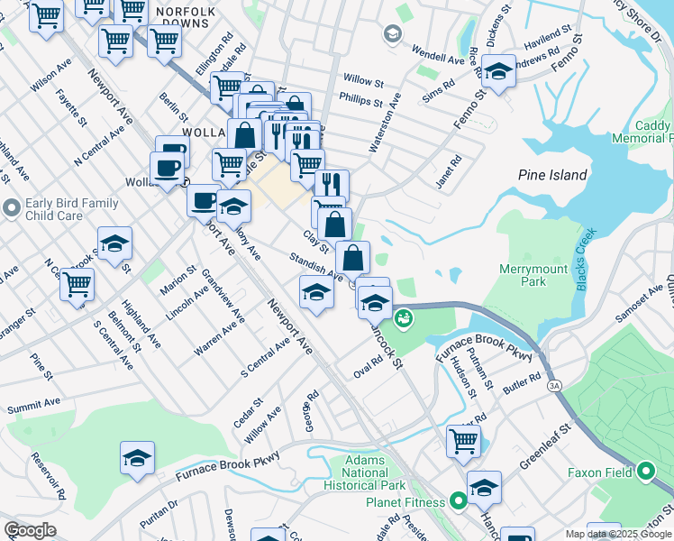 map of restaurants, bars, coffee shops, grocery stores, and more near 795 Hancock Street in Quincy