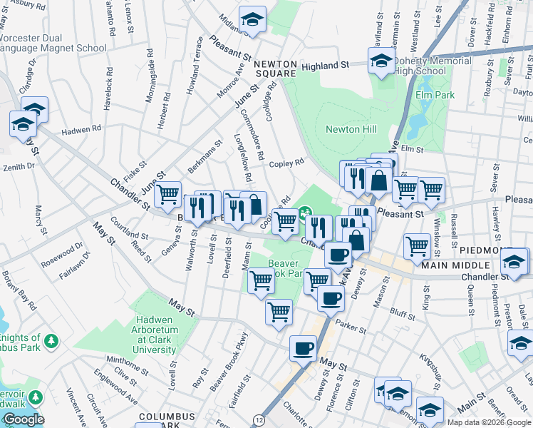 map of restaurants, bars, coffee shops, grocery stores, and more near 22 Longfellow Road in Worcester