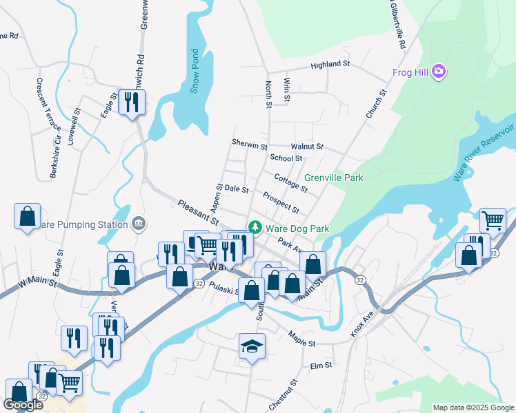 map of restaurants, bars, coffee shops, grocery stores, and more near 35 Prospect Street in Ware