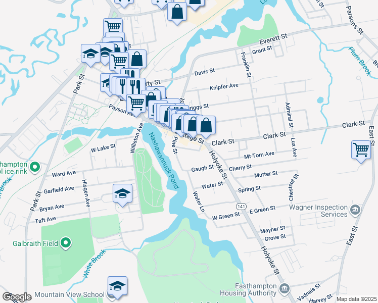 map of restaurants, bars, coffee shops, grocery stores, and more near 116 Massachusetts 141 in Easthampton