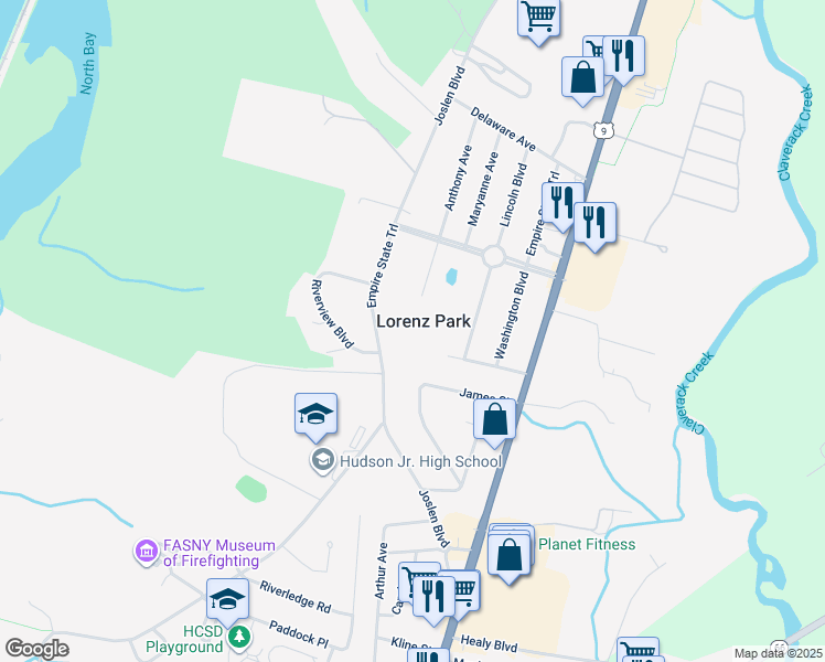 map of restaurants, bars, coffee shops, grocery stores, and more near in Lorenz Park