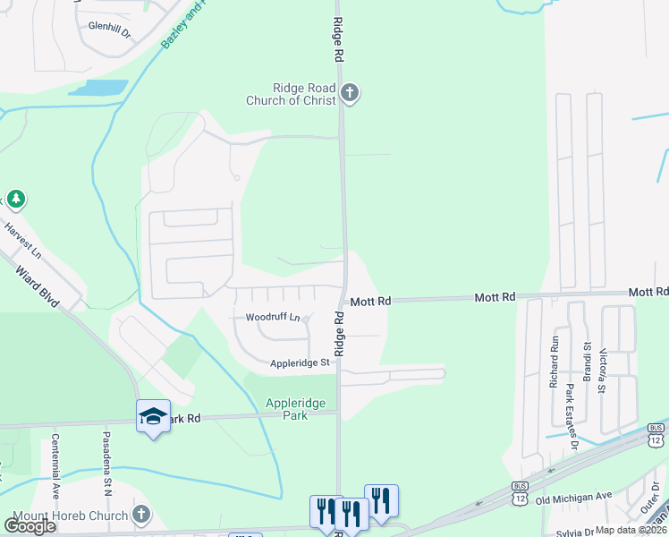 map of restaurants, bars, coffee shops, grocery stores, and more near 1629 Ridge Road in Washtenaw County